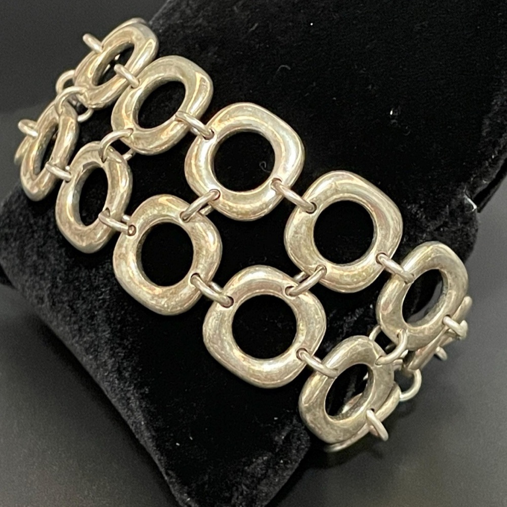 Sterling Silver Double Row Link Bracelet, Modern Square Open Links Toggle Clasp